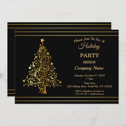 Black Gold Christmas Tree Corporate Holiday Party  招待状 (正面/裏面)
