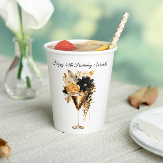 Black Gold Cocktails Drink Florals 40th Birthday 紙コップ (インサイチュ)