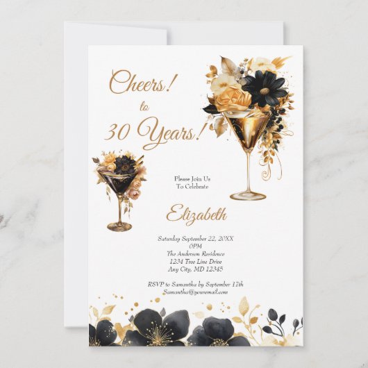 Black Gold Cocktails Drinks Florals 30th Birthday 招待状 (正面)