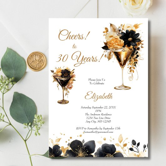 Black Gold Cocktails Drinks Florals 30th Birthday 招待状