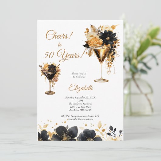 Black Gold Cocktails Drinks Florals 50th Birthday 招待状 (スタンド正面)