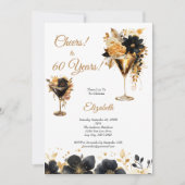 Black Gold Cocktails Drinks Florals 60th Birthday 招待状 (正面)