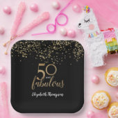 Black Gold Confetti 50 and fabulous 50th birthday ペーパープレート (パーティー)