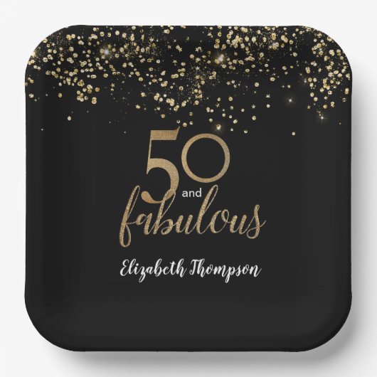 Black Gold Confetti 50 and fabulous 50th birthday ペーパープレート (正面)