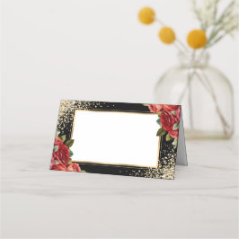 Black Gold Confetti Red Roses Floral プレイスカード