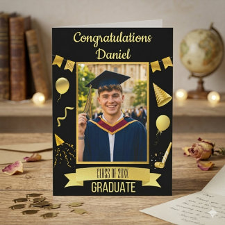 Black & Gold Congrats Graduation Card With Photo  カード