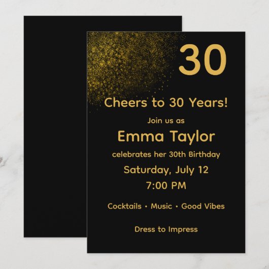 Black & Gold Customizable Birthday Invitation 招待状 (正面/裏面)