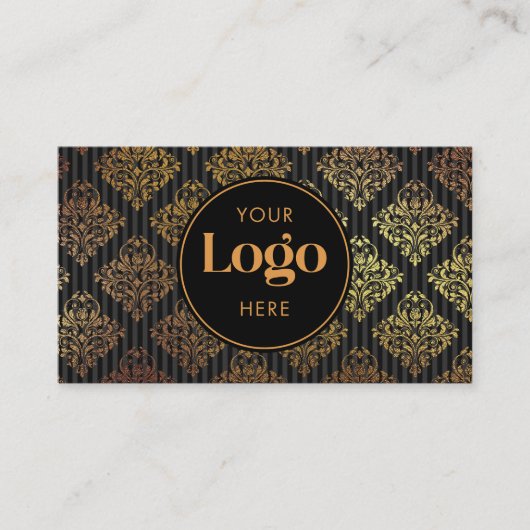 Black & Gold Damask Striped Custom Logo QR Code 名刺 (正面)