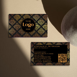 Black & Gold Damask Striped Custom Logo QR Code 名刺