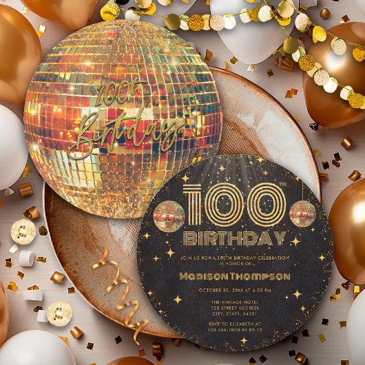 Black Gold Disco Ball Golden Birthday 100th Party  招待状
