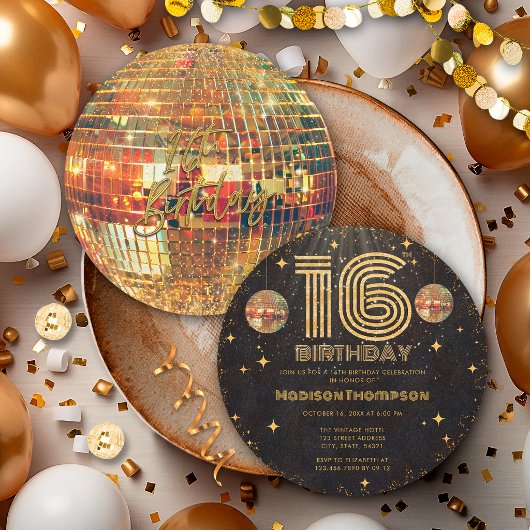 Black Gold Disco Ball Golden Birthday 16th Party  招待状