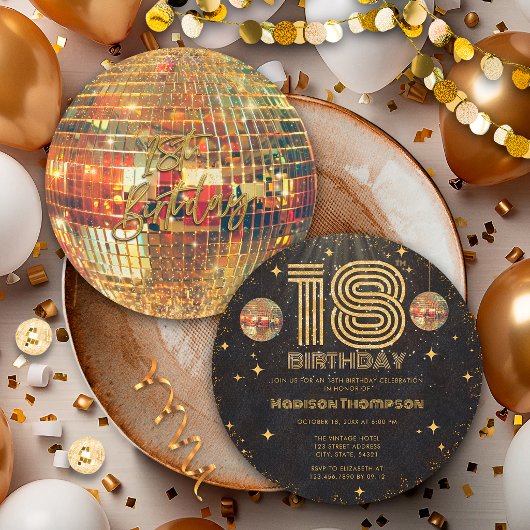 Black Gold Disco Ball Golden Birthday 18th Party  招待状