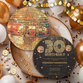 Black Gold Disco Ball Golden Birthday 30th Party  招待状