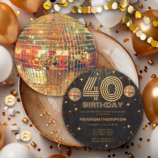 Black Gold Disco Ball Golden Birthday 40th Party  招待状