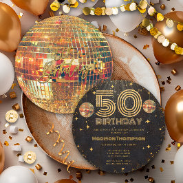 Black Gold Disco Ball Golden Birthday 50th Party  招待状