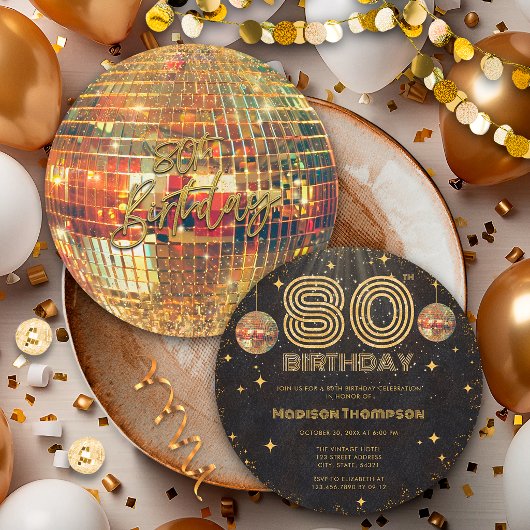 Black Gold Disco Ball Golden Birthday 80th Party  招待状