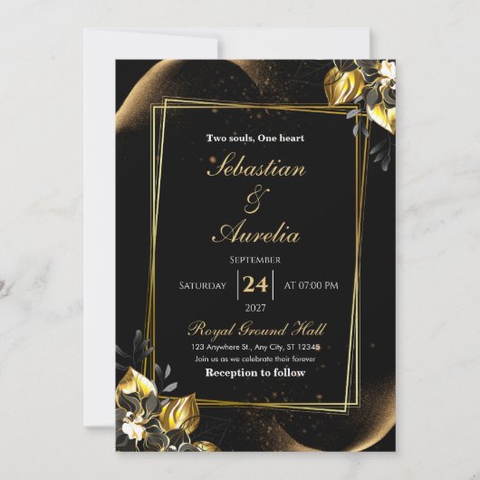Black & Gold Elegant Geometric Wedding Invitation 招待状 (正面)