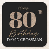 Black & Gold Elegant Glitter 80th Birthday  スクエアペーパーコースター (正面)
