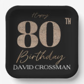 Black & Gold Elegant Glitter 80th Birthday  ペーパープレート (正面)
