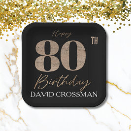 Black & Gold Elegant Glitter 80th Birthday  ペーパープレート