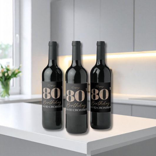 Black & Gold Elegant Glitter 80th Birthday  ワインラベル
