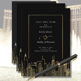 Black Gold Elegant Las Vegas Skyline Save the Date 招待状