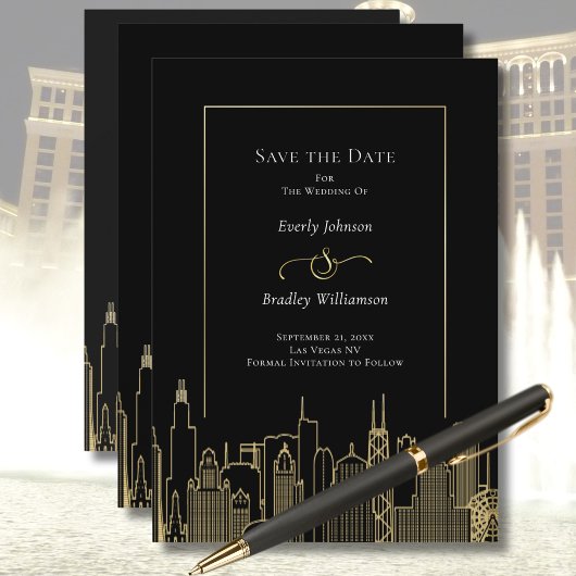 Black Gold Elegant Las Vegas Skyline Save the Date 招待状
