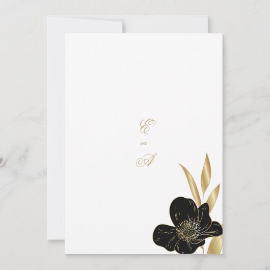 Black gold elegant luxury foliage floral wedding 招待状 (裏面)