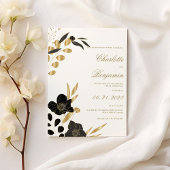 Black gold elegant luxury foliage floral wedding 招待状