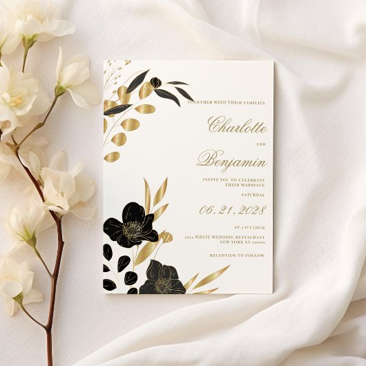 Black gold elegant luxury foliage floral wedding 招待状