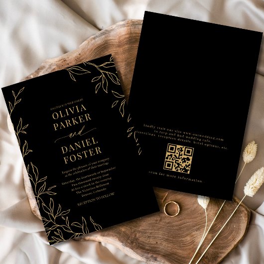 Black Gold Elegant Minimalist QR Code Wedding 招待状