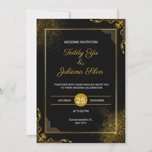 Black Gold Elegant Modern Wedding Invitation 招待状 (正面)