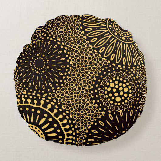 Black Gold Ethnic Floral Decorative Round Pillow ラウンドクッション (正面)