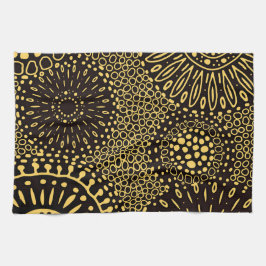 Black Gold Ethnic Floral Pattern Kitchen Towel キッチンタオル