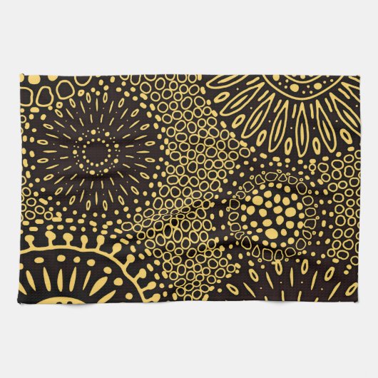 Black Gold Ethnic Floral Pattern Kitchen Towel キッチンタオル (横)