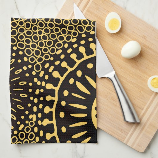 Black Gold Ethnic Floral Pattern Kitchen Towel キッチンタオル (四つ折り)