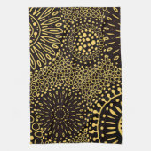 Black Gold Ethnic Floral Pattern Kitchen Towel キッチンタオル (縦)