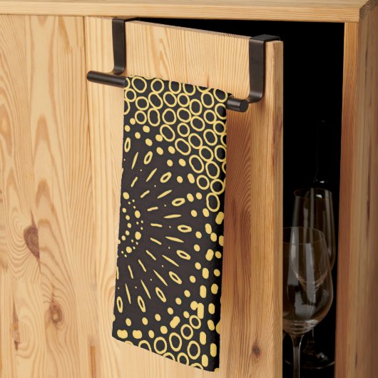 Black Gold Ethnic Floral Pattern Kitchen Towel キッチンタオル (三つ折り)