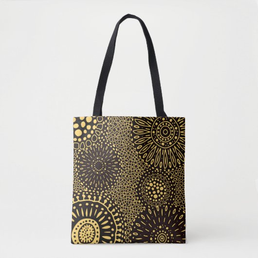 Black Gold Ethnic Floral Pattern Tote Bag トートバッグ (正面)