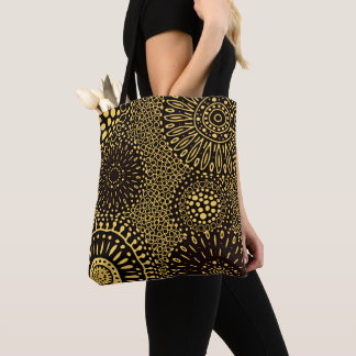 Black Gold Ethnic Floral Pattern Tote Bag トートバッグ
