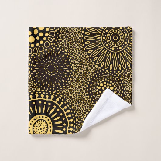 Black Gold Ethnic Floral Pattern Wash Cloth ウォッシュタオル (ウォッシュタオル)