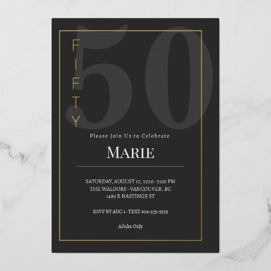 Black & Gold Fifty/50th Birthday Celebration 箔招待状 (正面)