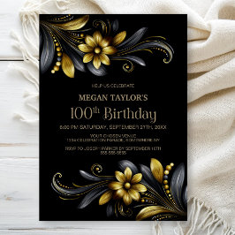 Black Gold Floral 100th Birthday Party 招待状