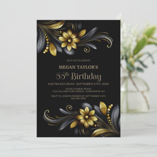 Black Gold Floral 55th Birthday Party 招待状 (スタンド正面)