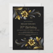 Black Gold Floral 70th Birthday Party 招待状 (正面)