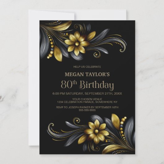 Black Gold Floral 80th Birthday Party 招待状 (正面)
