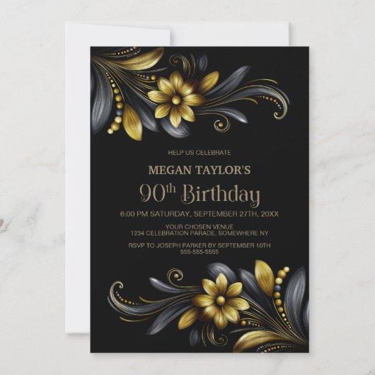 Black Gold Floral 90th Birthday Party 招待状 (正面)