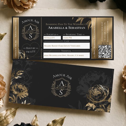 Black Gold Floral Boarding Plane Ticket Wedding 招待状