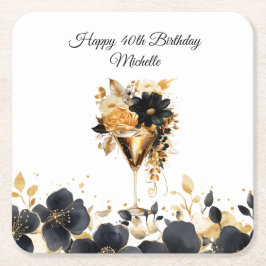Black Gold Floral Cocktail Drinks 40th Birthday スクエアペーパーコースター