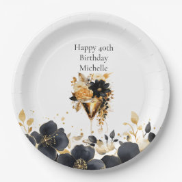 Black Gold Floral Cocktail Drinks 40th Birthday ペーパープレート